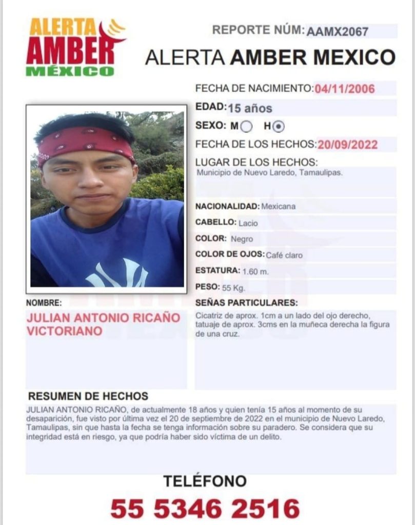 Alerta Amber de Julián Antonio Ricaño Victoriano de 15 años de edad