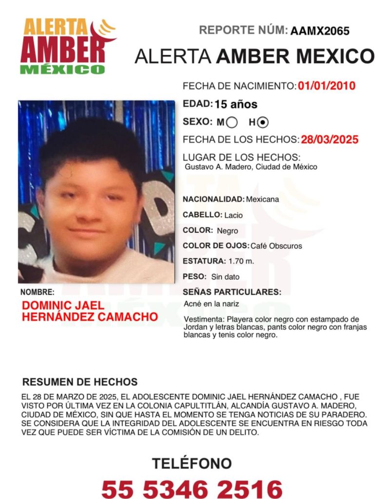 Alerta Amber de Dominic Jael Hernández Camacho de 15 años de edad