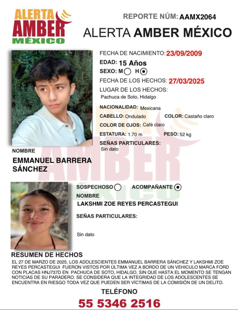 Alerta Amber de Emmanuel Barrera Sánchez y Lakshmi Zoé Reyes Percatesgui ambos de 15 años de edad