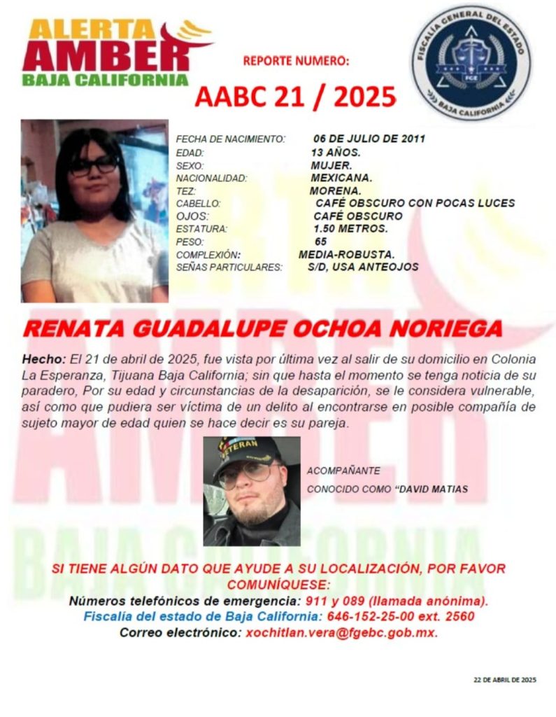 Alerta Amber de Renata Guadalupe Ochoa Noriega de 13 años de edad