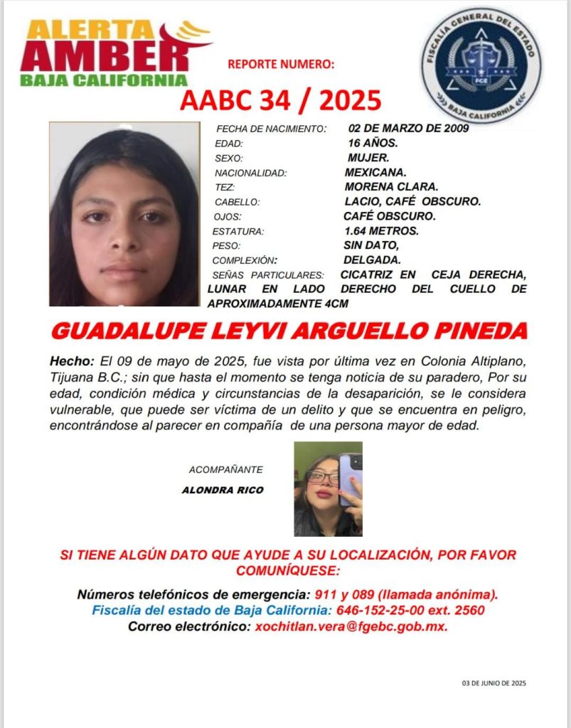Alerta Amber de Guadalupe Leyvi Arguello Pineda de 16 años de edad