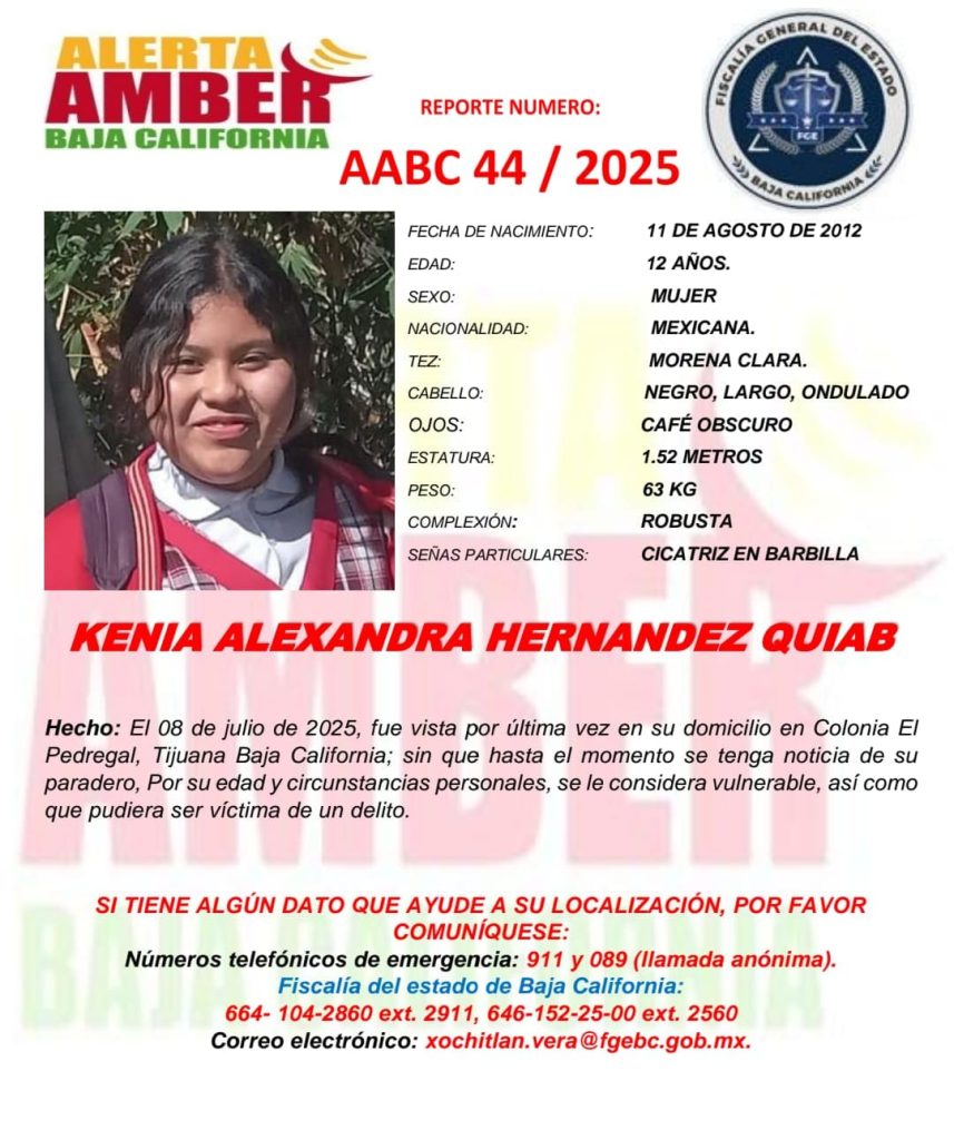 Alerta Amber para localizar a Kenia Alexandra Hernández Quiab de 12 años