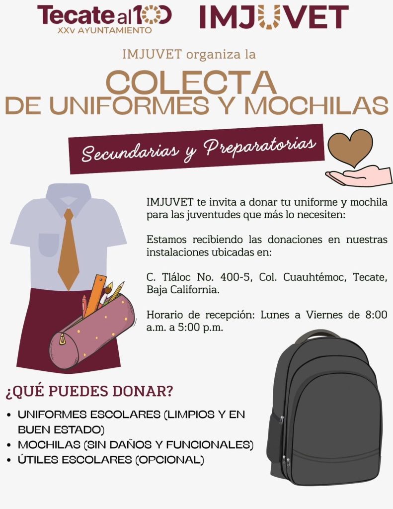IMJUVET impulsa colecta de uniformes y mochilas para secundarias y preparatorias