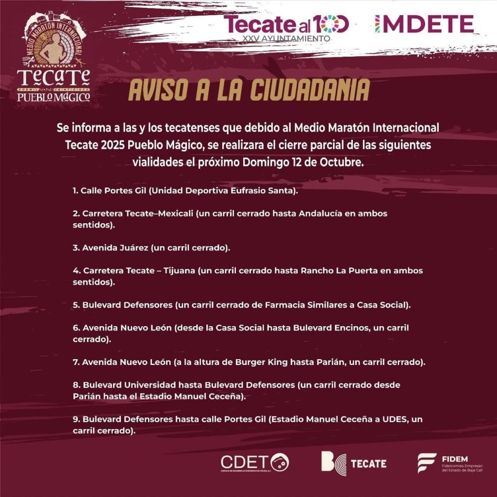 Cierre Parcial de Vialidades por el Medio Maratón Internacional Tecate