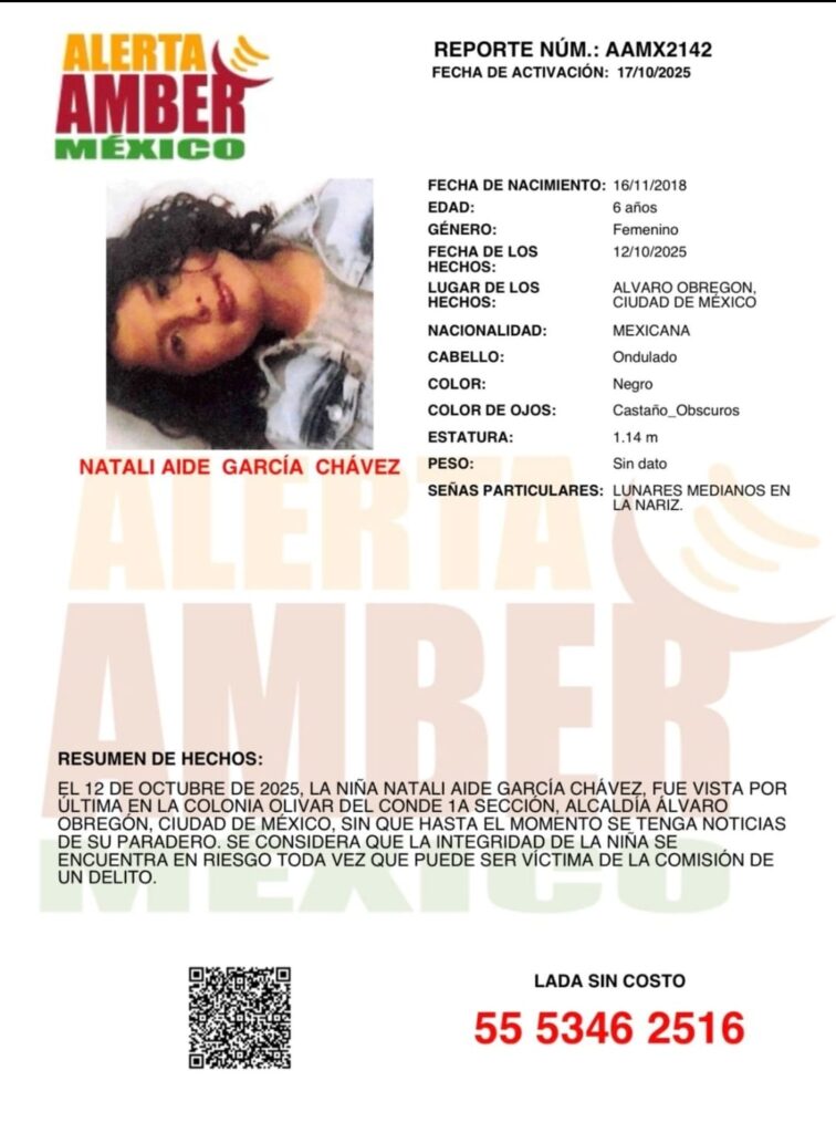 Colaboración de Alerta AMBER para localizar a Natali Aidé Chávez de 6 años