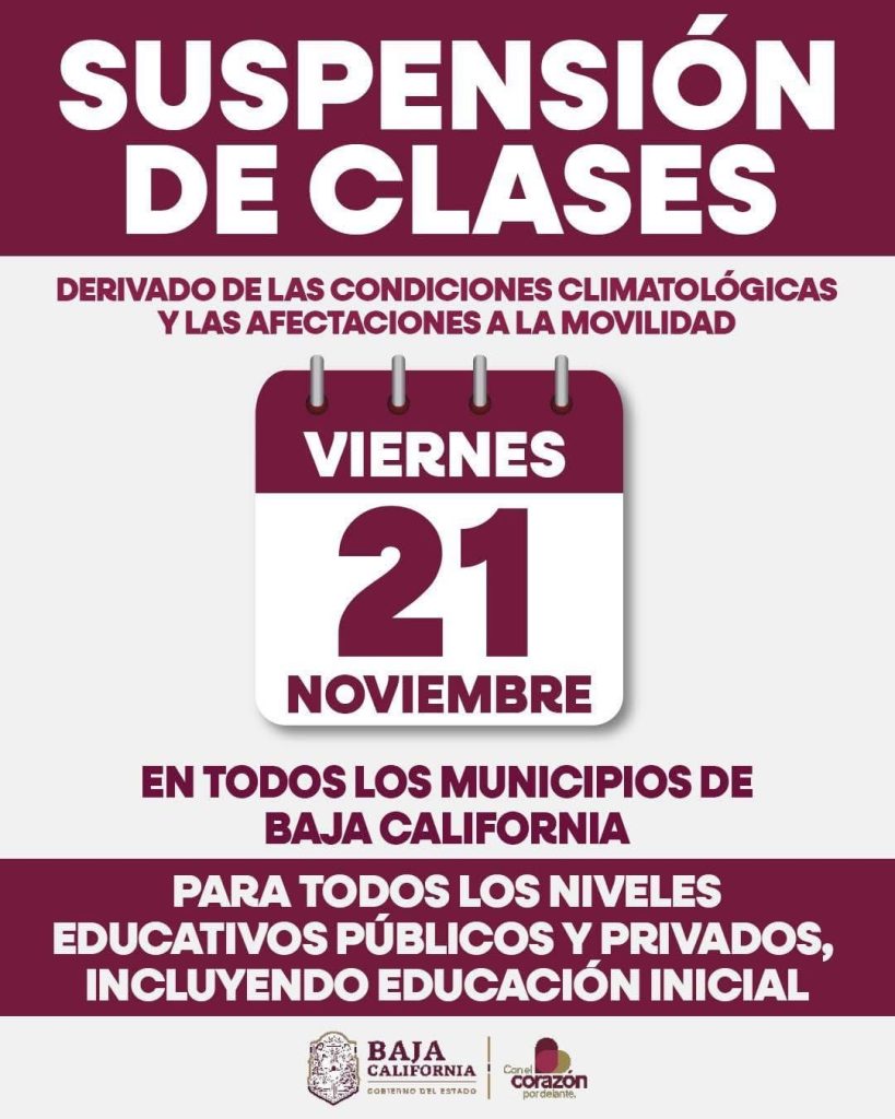Gobierno de Tecate informa suspensión de clases este 21 de noviembre por pronóstico de lluvias y vientos