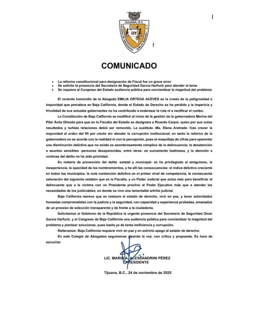 Colegio de Abogados de Tijuana exige corregir reforma para designación de Fiscal y pide presencia de García Harfuch