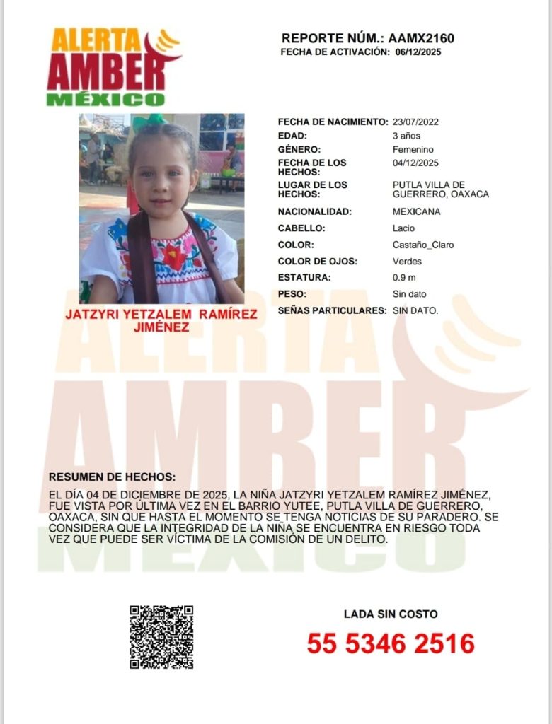 Programa Alerta AMBER México Jatzyri Yetzalem Ramírez Jiménez de 3 años