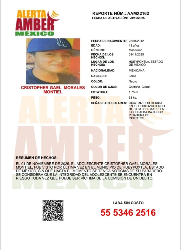 Activan Alerta AMBER para localizar a menor desaparecido en Estado de México