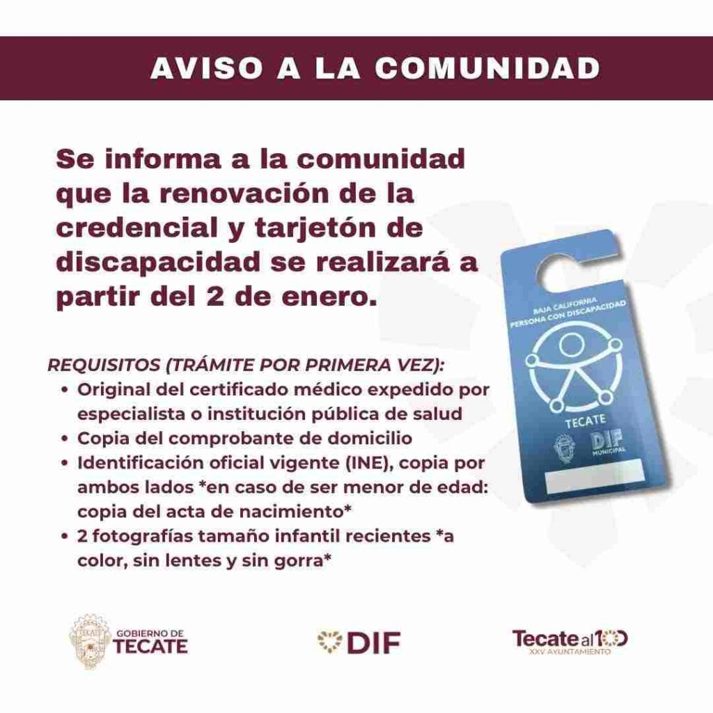 DIF Tecate informa sobre la renovación de credencial y tarjetón para personas con discapacidad