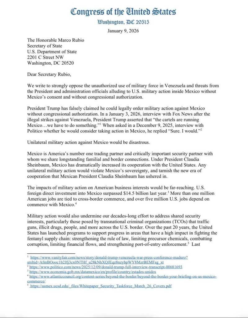 Congresistas demócratas advierten que un ataque militar de EE. UU. contra México sería ilegal y desastroso