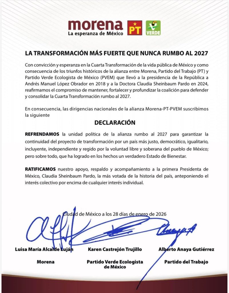 Morena, PT y Partido Verde ratifican Alianza Política rumbo a 2027