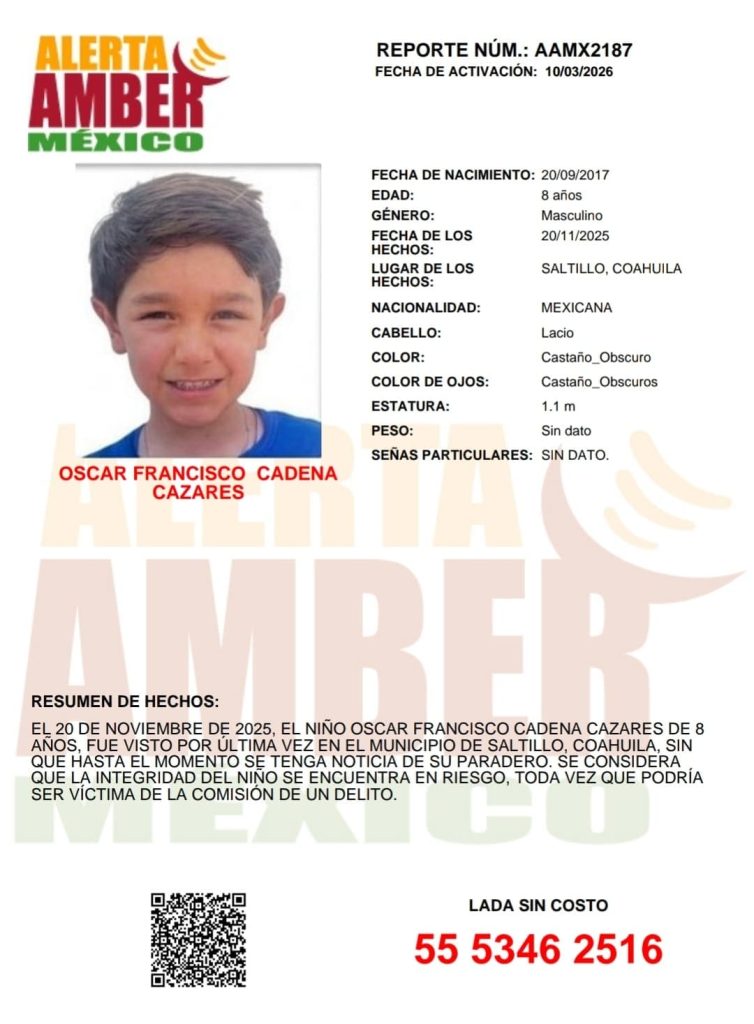 Activan Alerta Amber para localizar a menor desaparecido en Coahuila